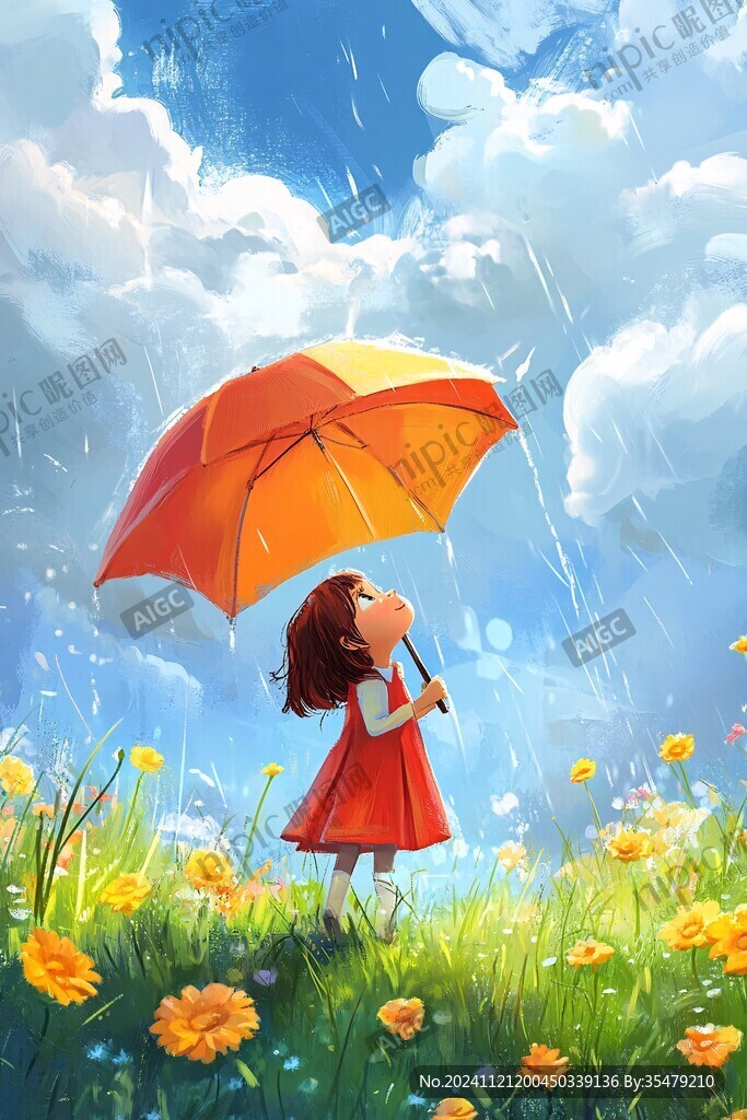 夏日雨季撐傘的小女孩