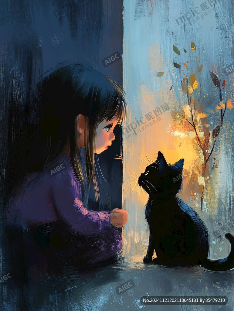 擼貓少女插畫
