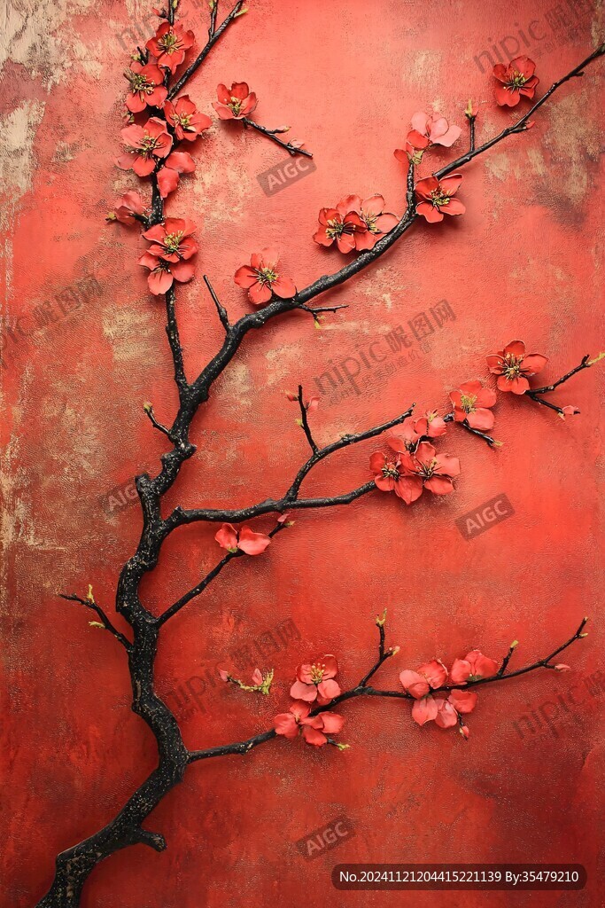 工筆手繪紅墻梅花
