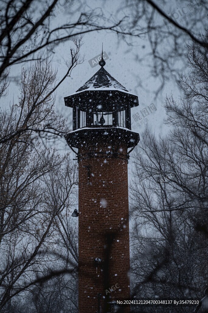 河園大雪建筑燈籠雪景