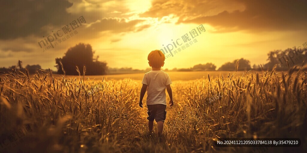 夕陽下玩耍的小男孩