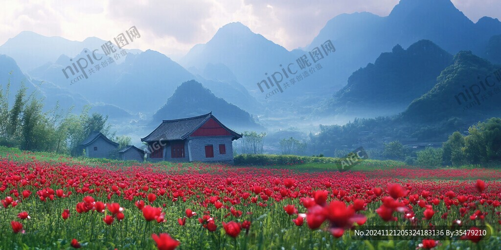 花海遠山云霧