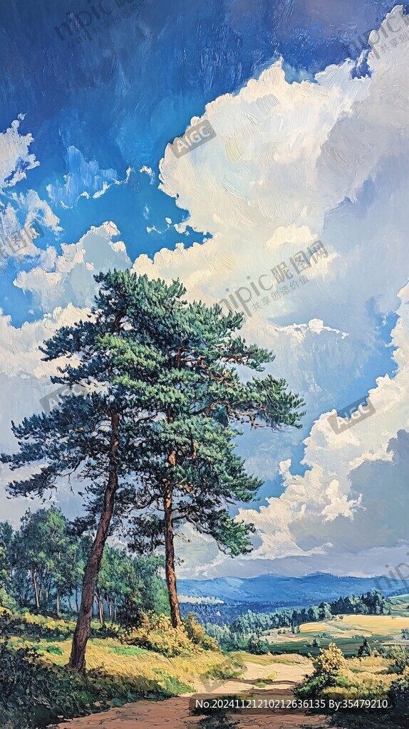 藍天白云大樹小路油畫