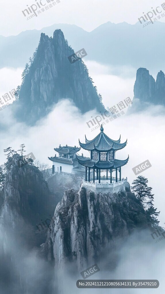 屏風(fēng)墨韻涼亭山峰云霧