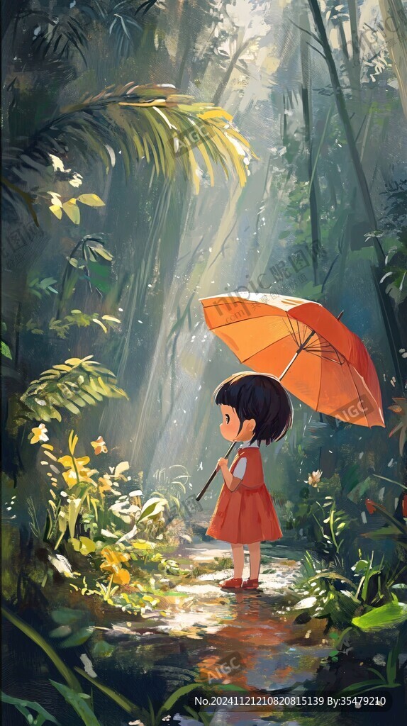 森林里的小女孩插畫