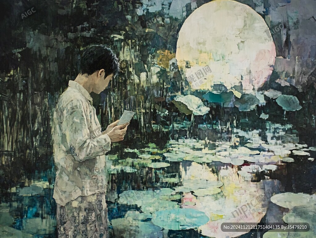 油畫荷塘月色