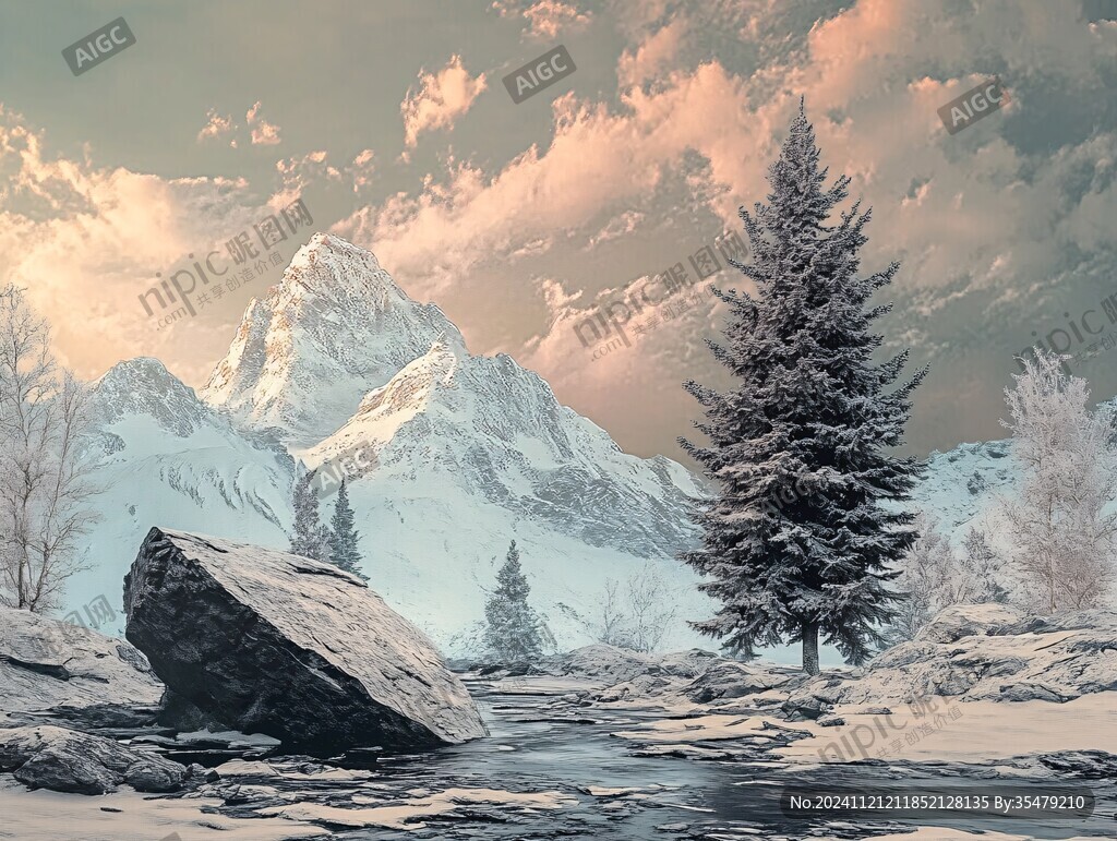 雪山森林河流圖
