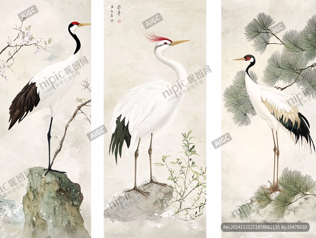 古風(fēng)瑞鶴花鳥屏風(fēng)