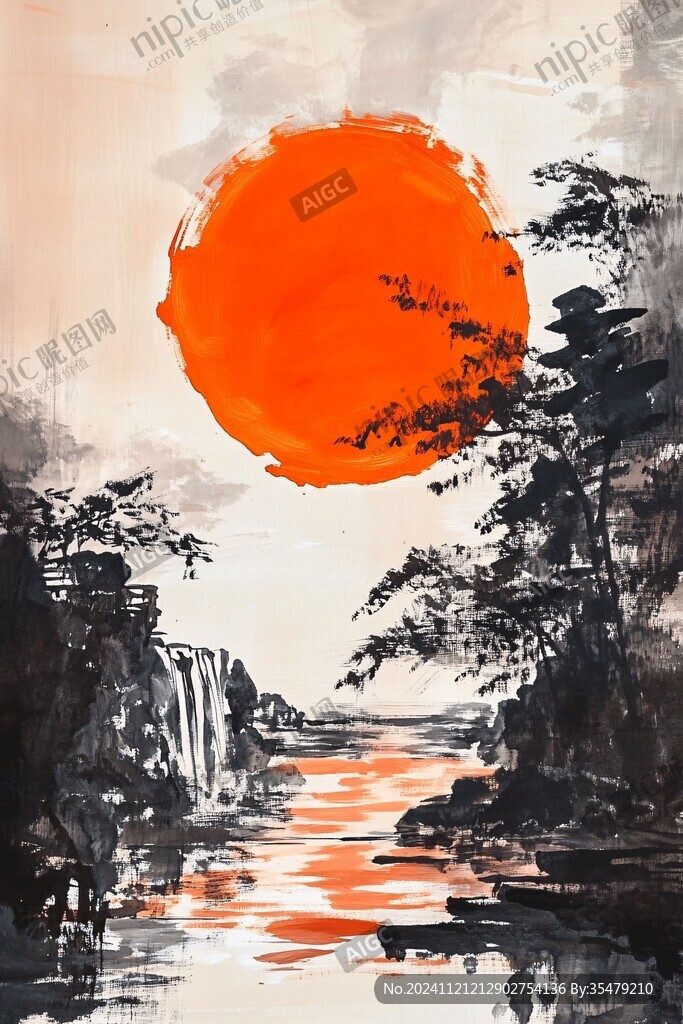 紅日出東方意境中式畫