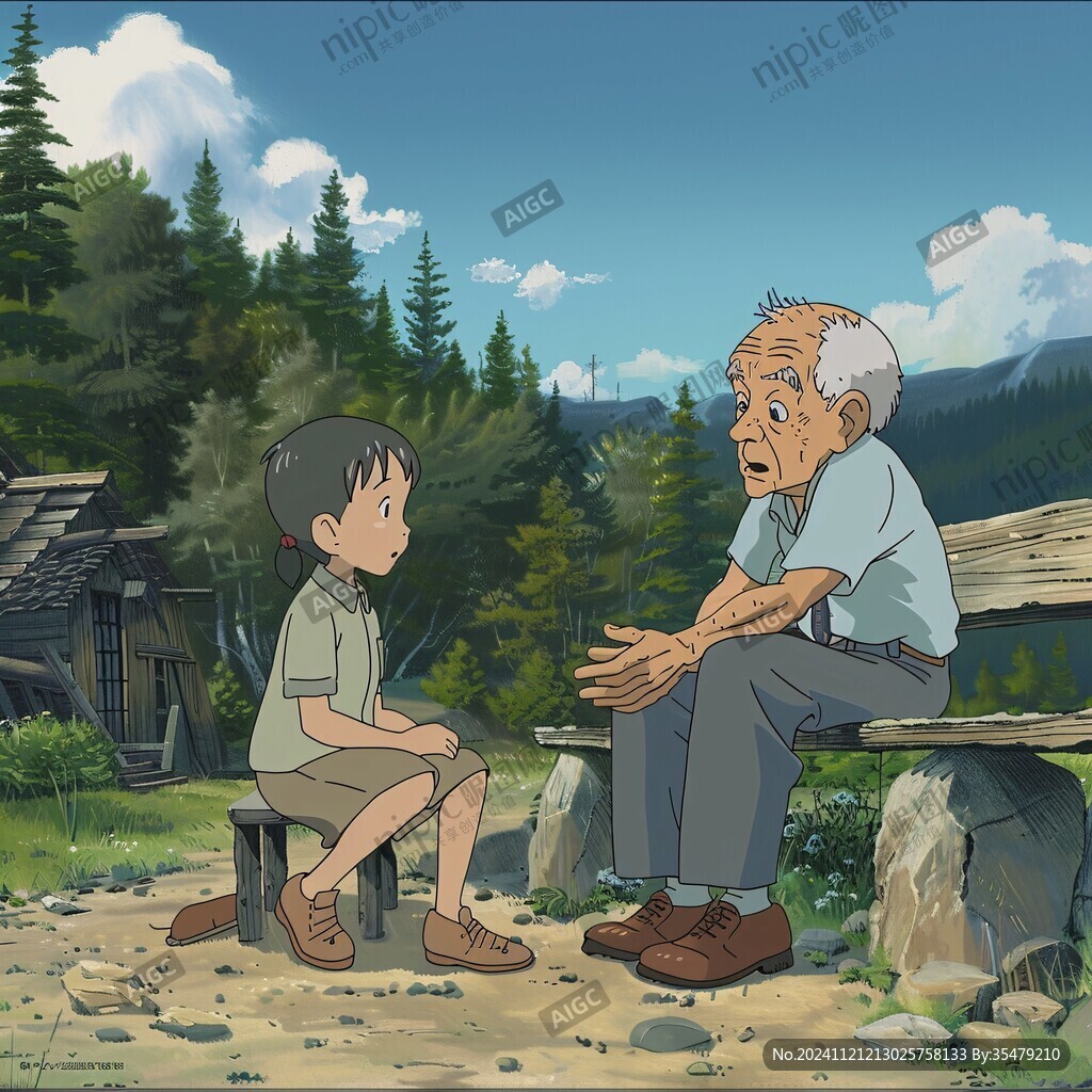 爺孫講故事插畫