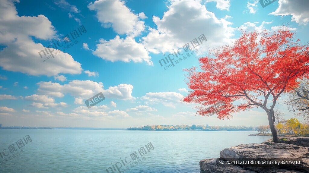 湖邊紅楓樹