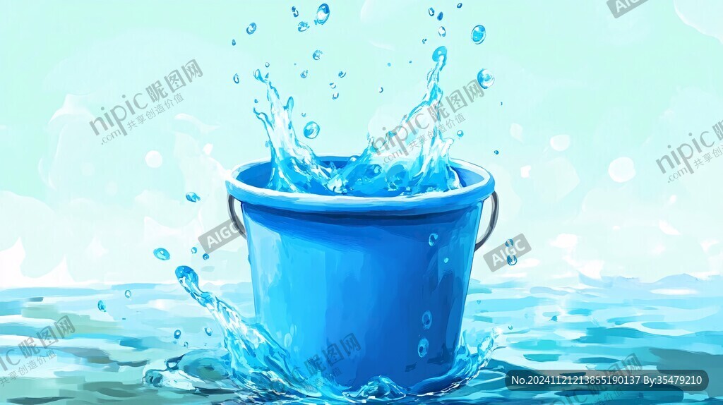 藍色小水桶四濺水滴