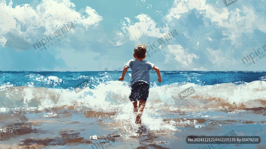海邊玩耍的小男孩