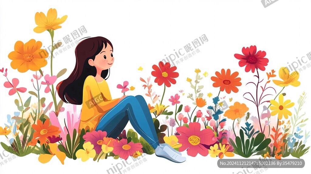 花叢里坐著的女孩