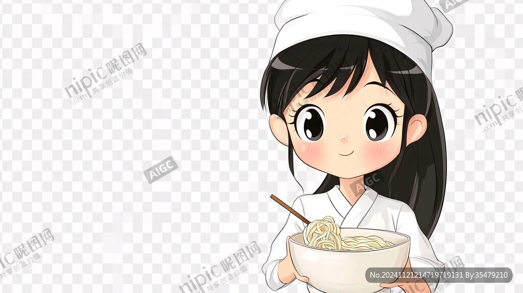 卡通小女孩吃粉條面條