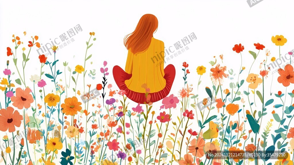 花叢女孩插畫