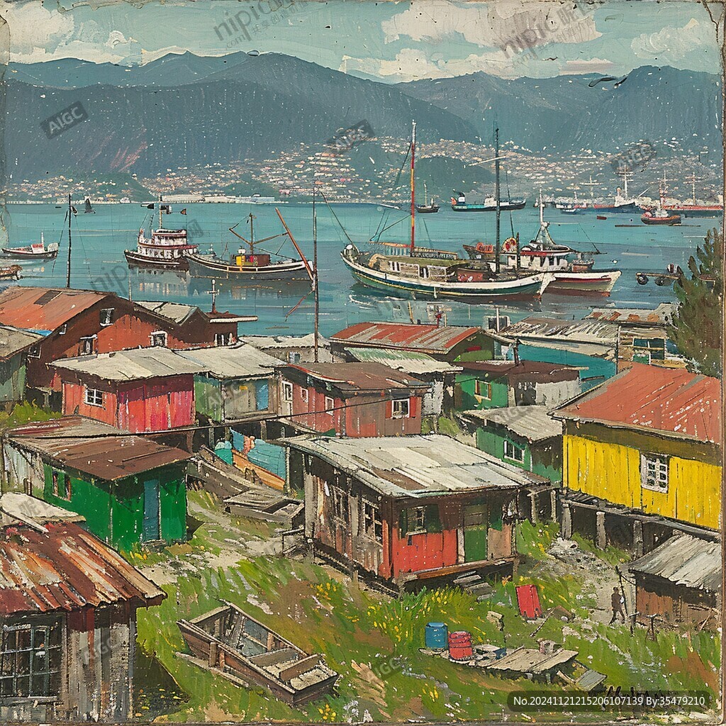 漁港油畫
