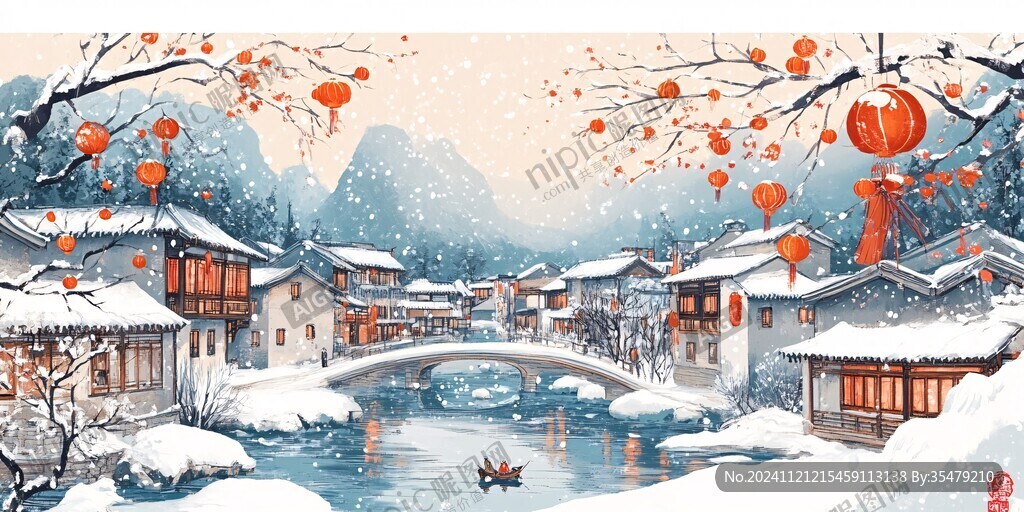 雪景山水插畫
