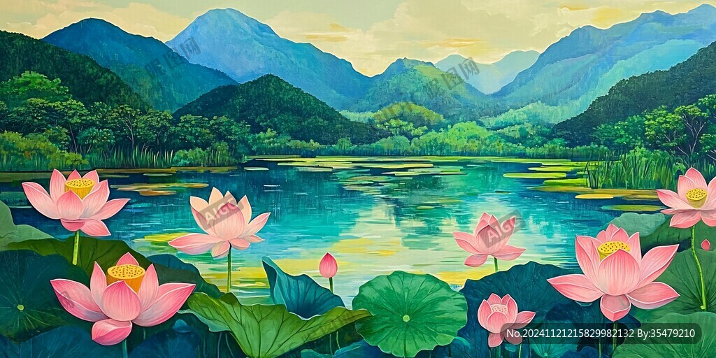 手繪荷花湖