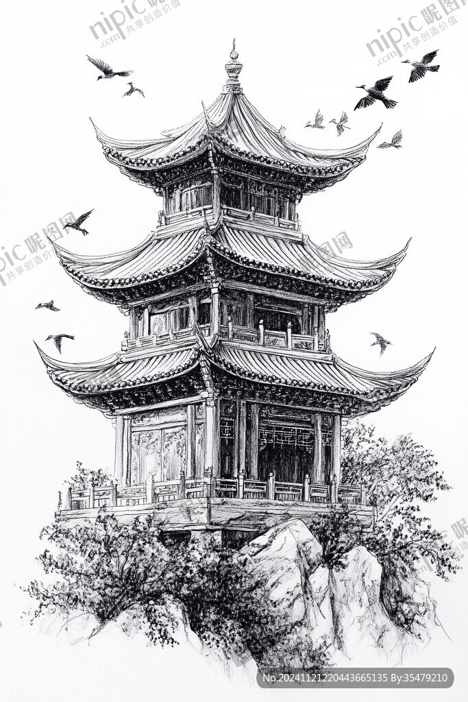線描仙鶴樓閣