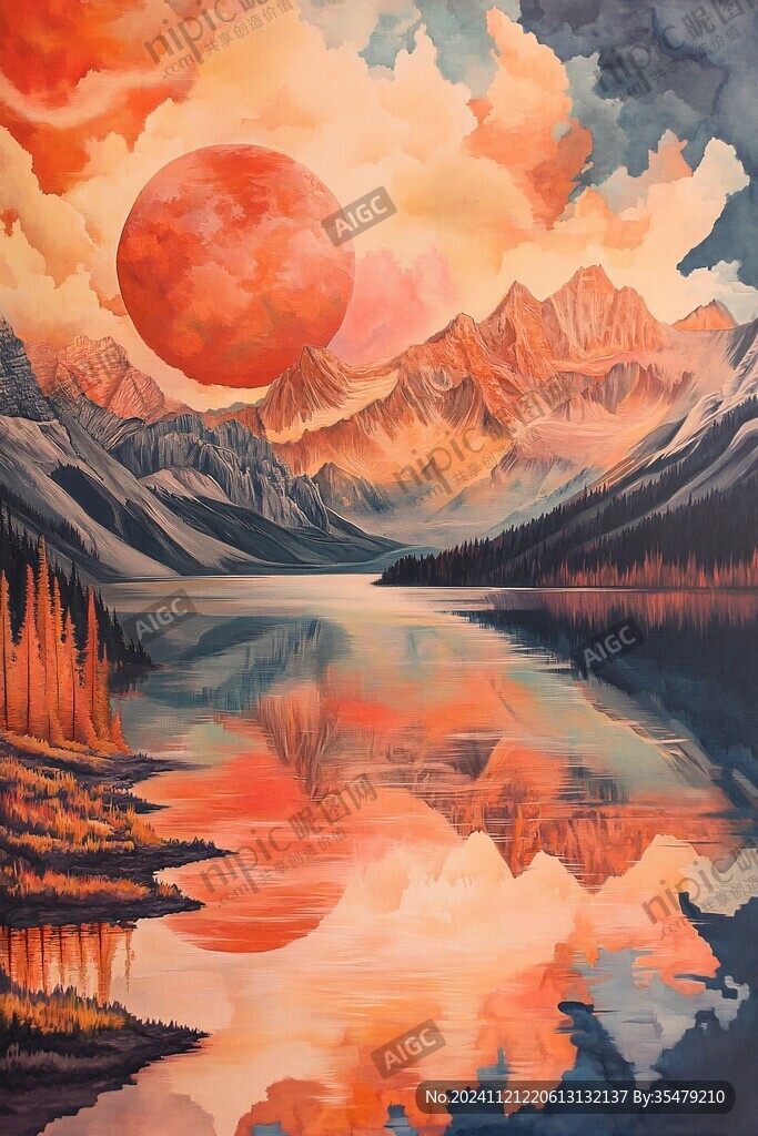 山水夕陽油畫