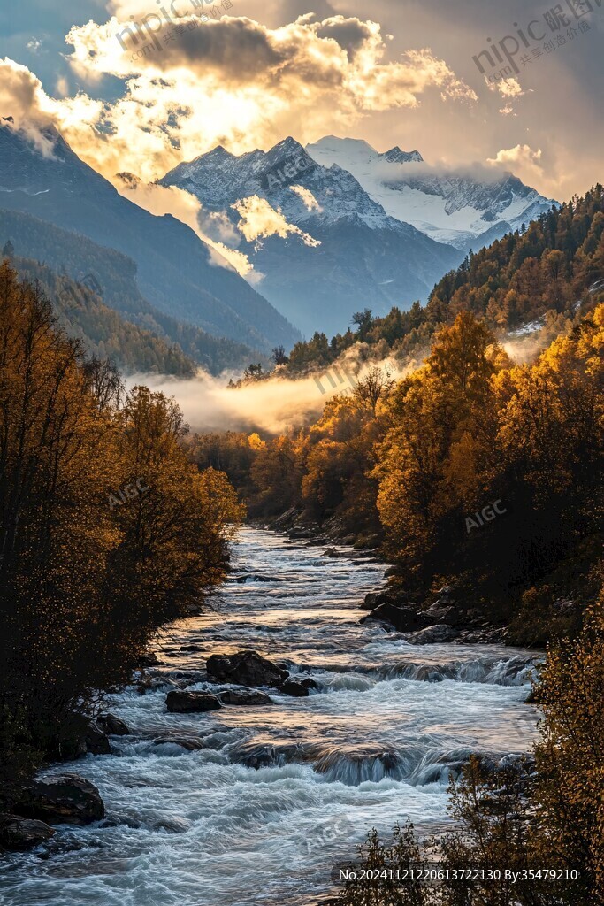 秋色紅葉雪山河谷金秋