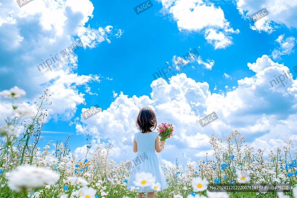 仰望鮮花藍天白云