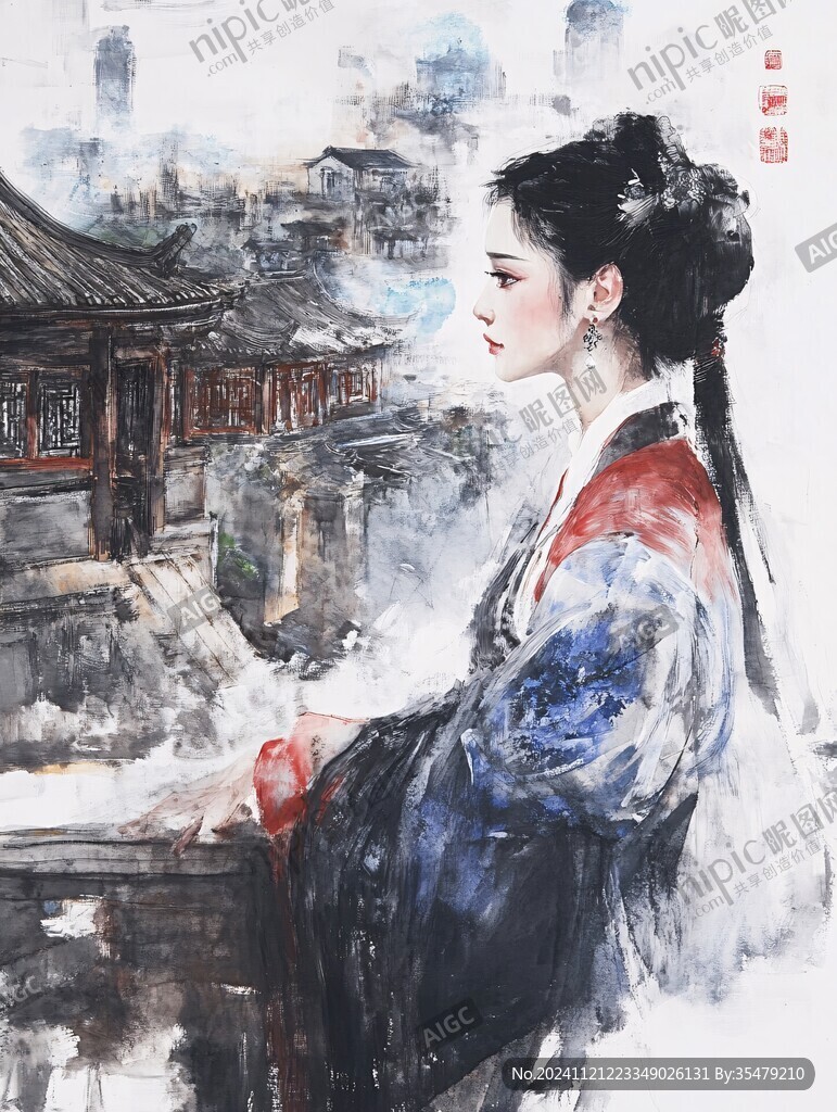水彩風漢服美女