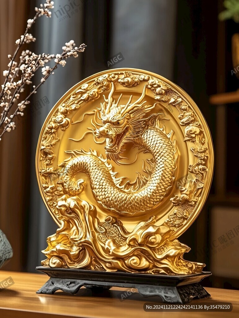 木雕五爪金龍圓盤擺件