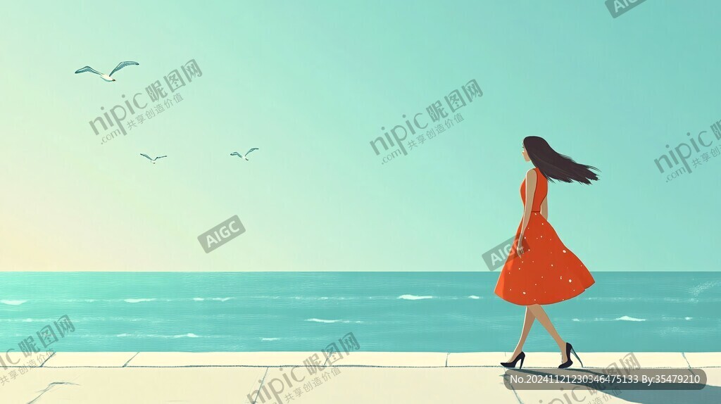 夏天看海美女背影插畫