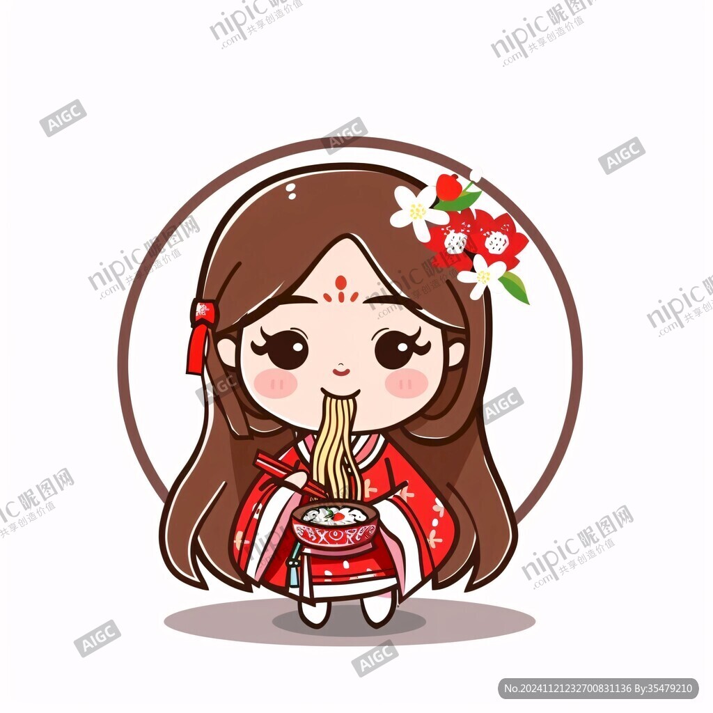 卡通吃面女孩