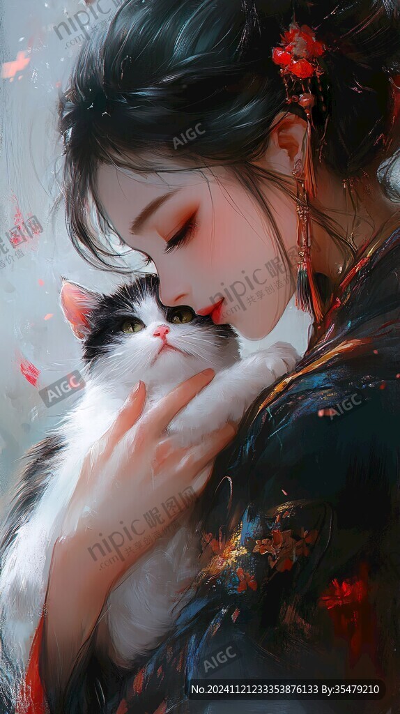 抱貓美女貓插畫