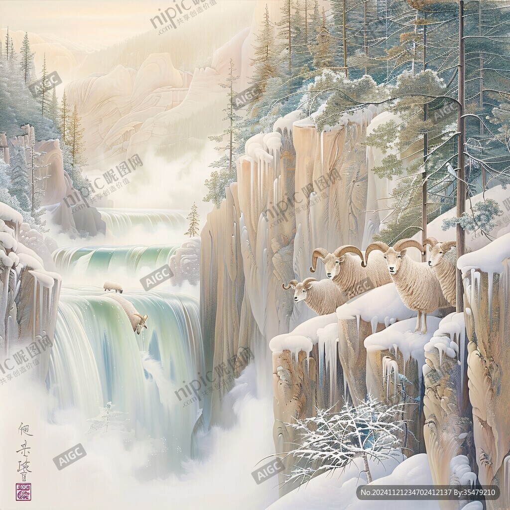 雪景山水插畫