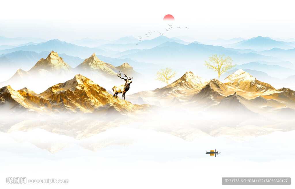金箔麋鹿山水畫背景墻