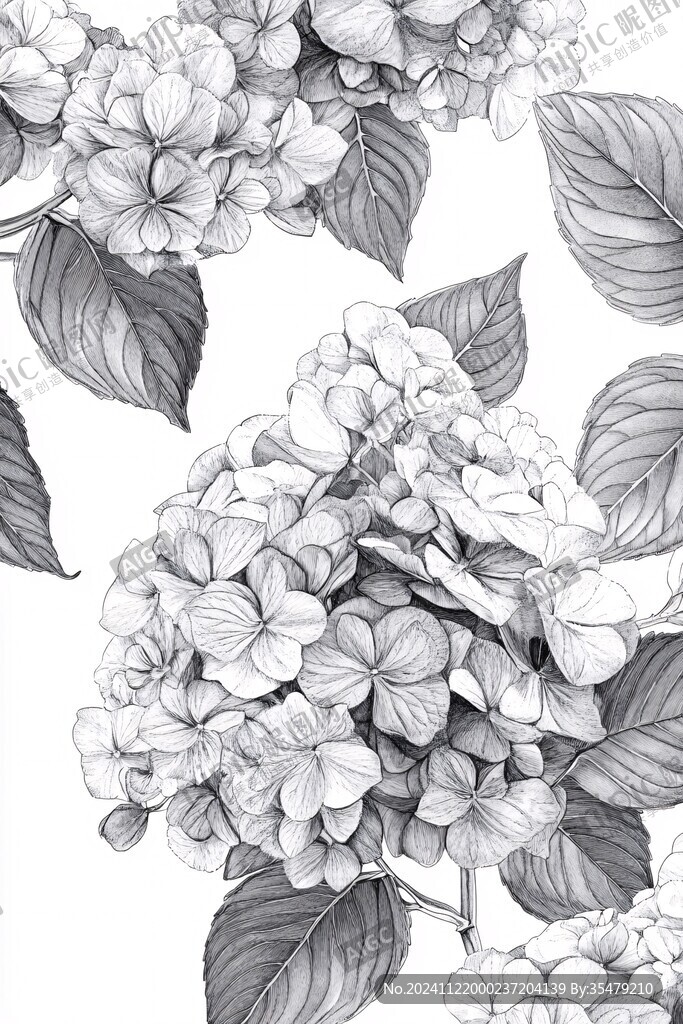 線描繡球花