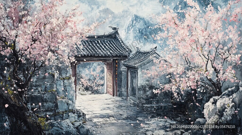 桃花風景油畫