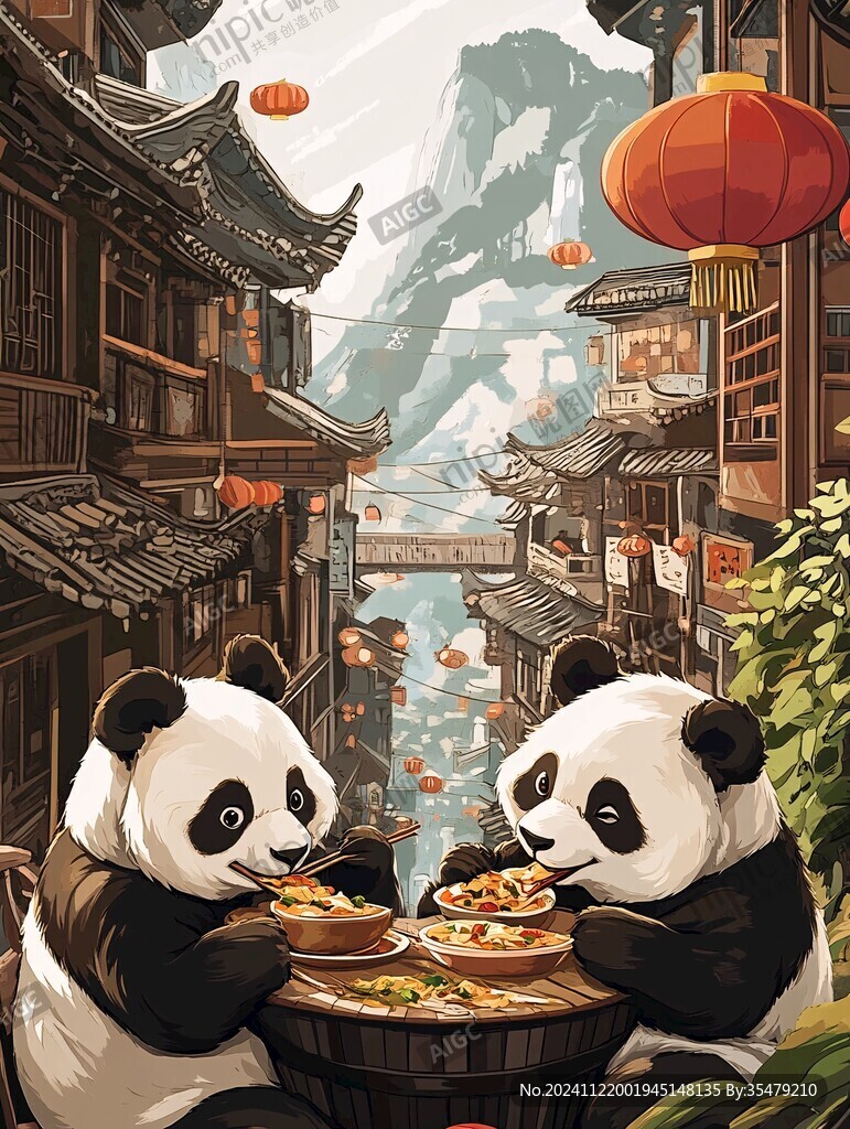 大熊貓美食插畫