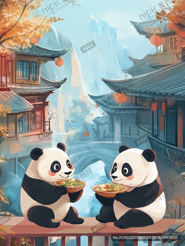 大熊貓美食插畫