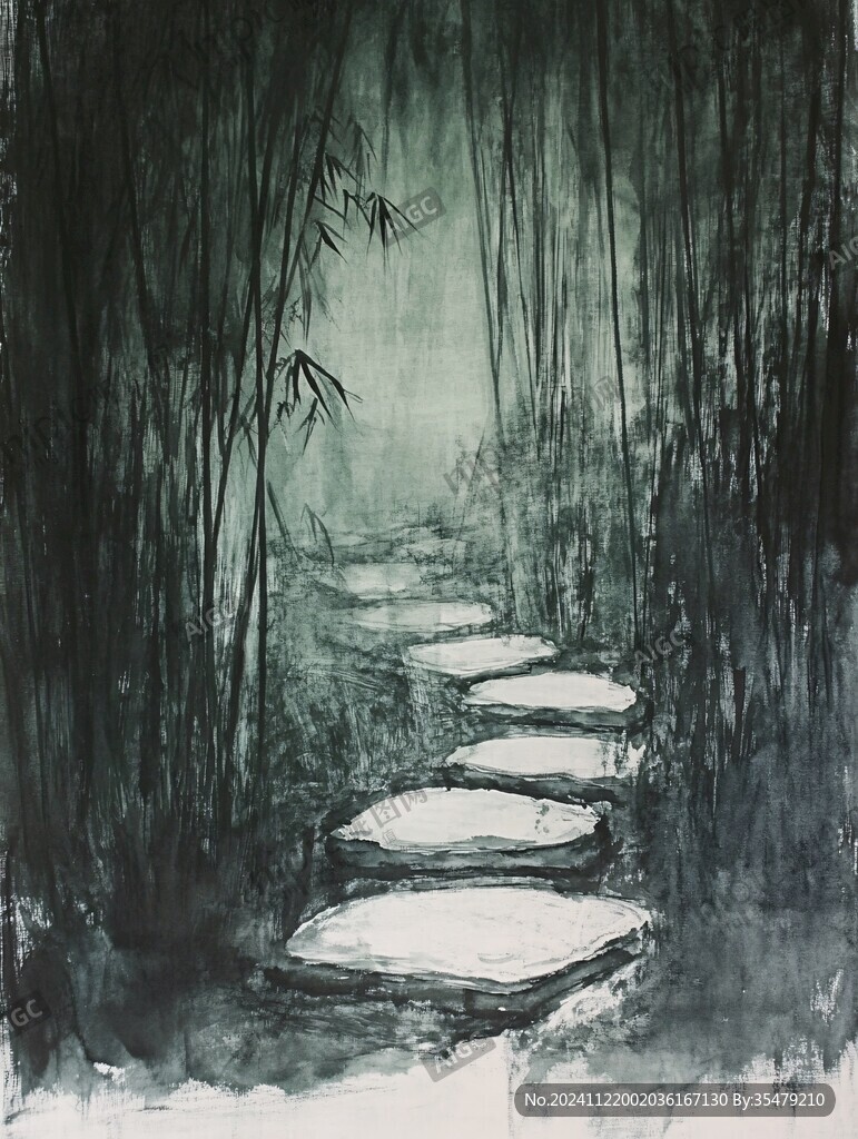 竹林油畫