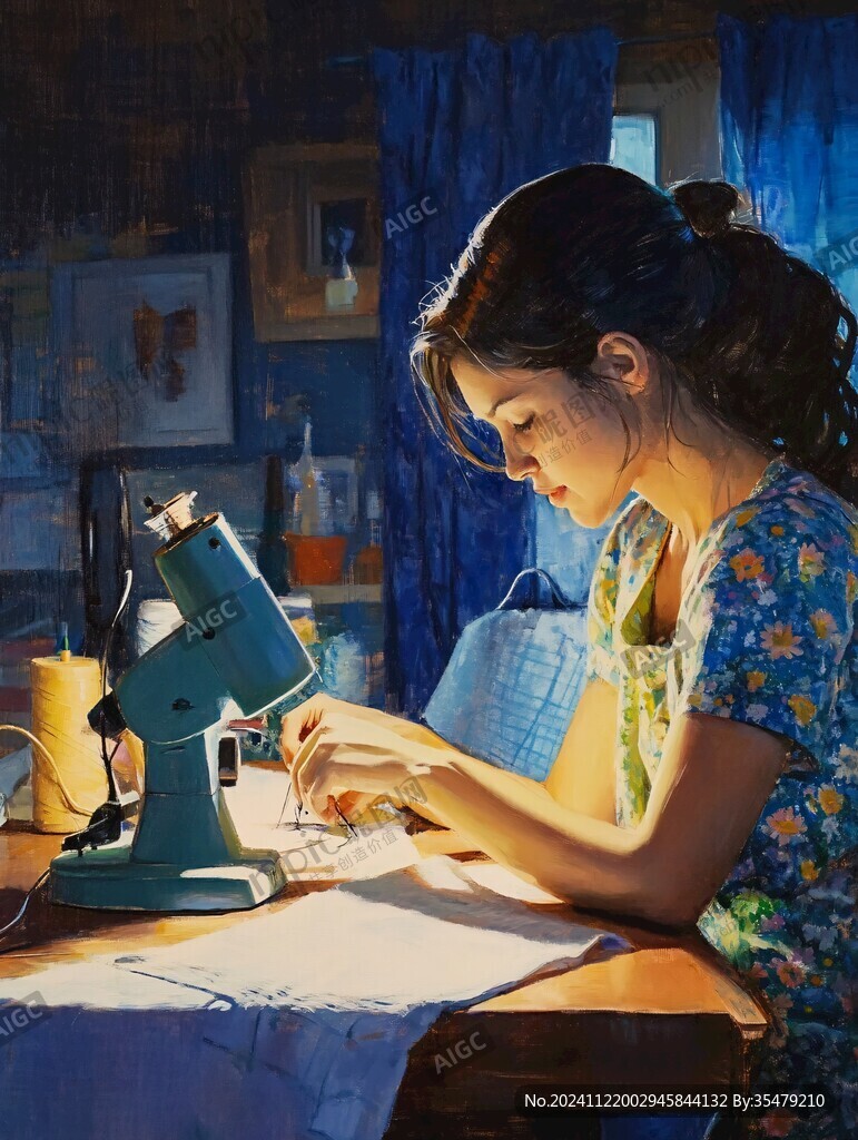 女工認真的縫衣服