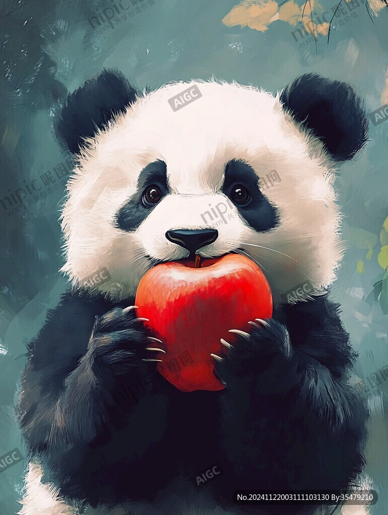 吃蘋果的熊貓插畫