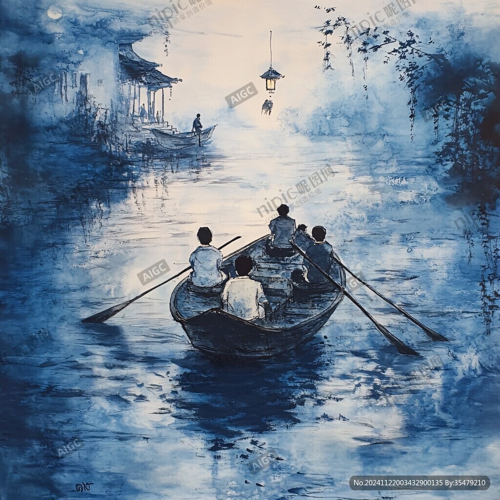 水鄉(xiāng)游船油畫