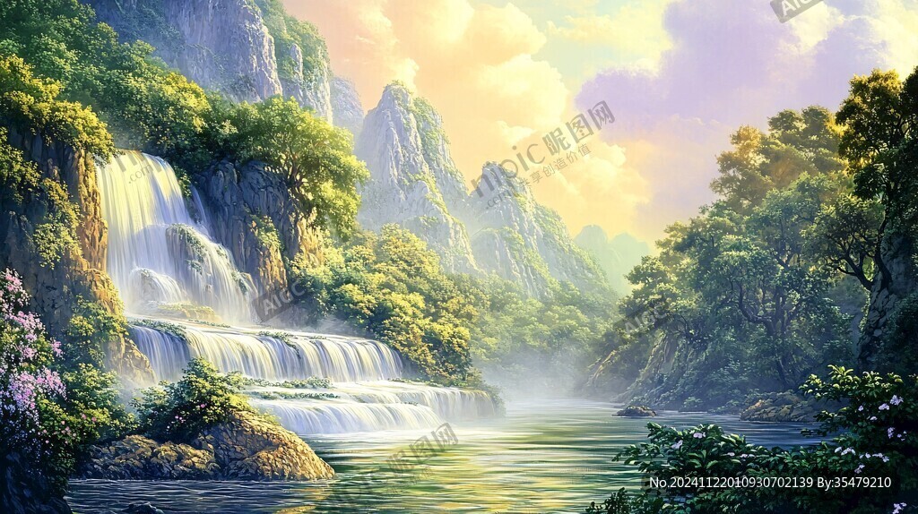 山水風(fēng)景油畫瀑布