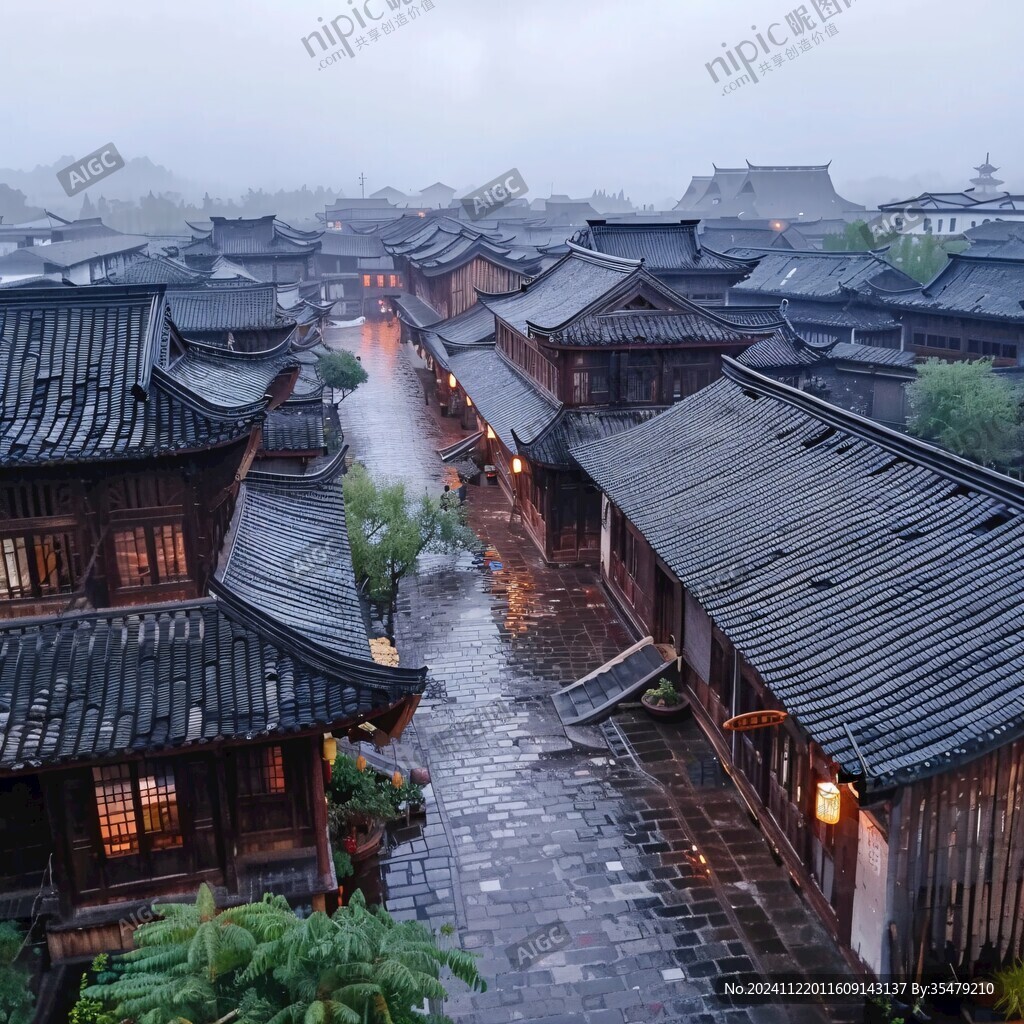 雨中古城