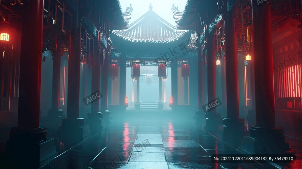 中式古代建筑雨景