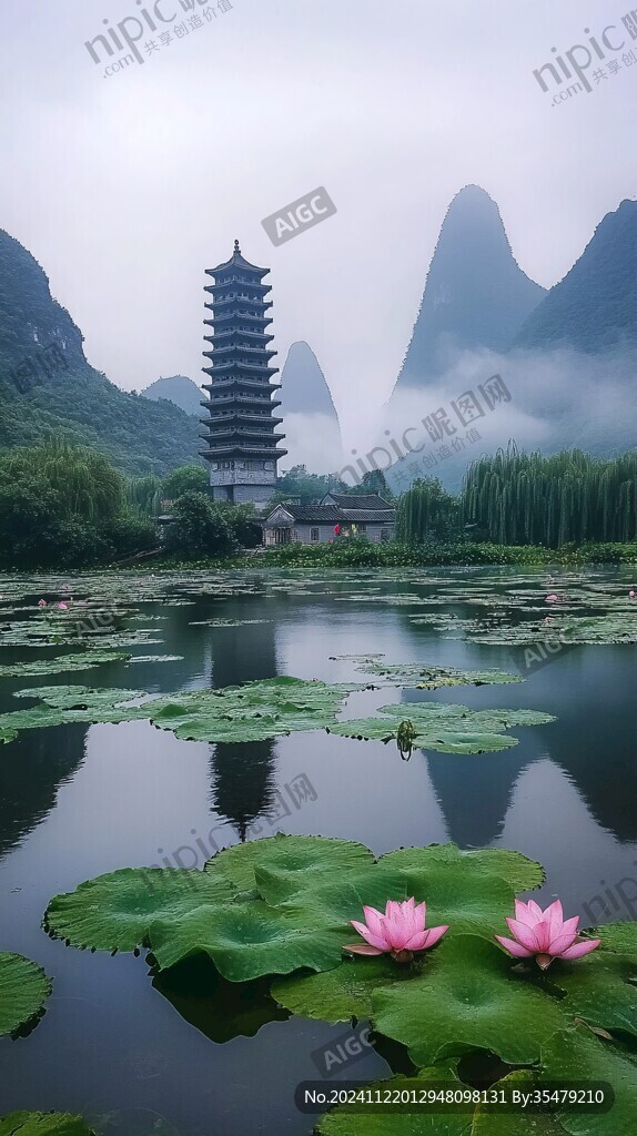 荷塘塔影