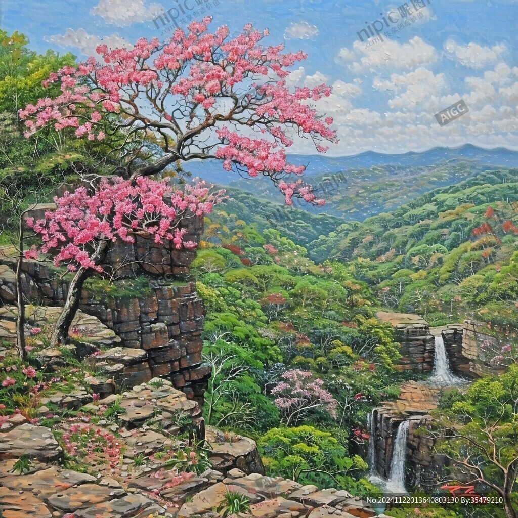 桃花風(fēng)景油畫