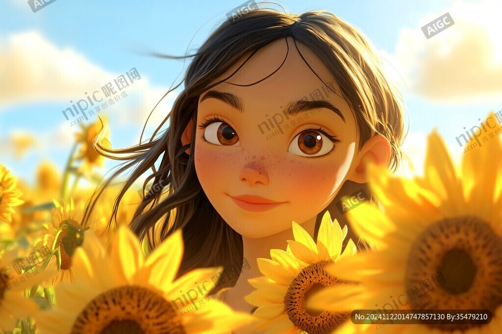 向日葵花叢中的少女