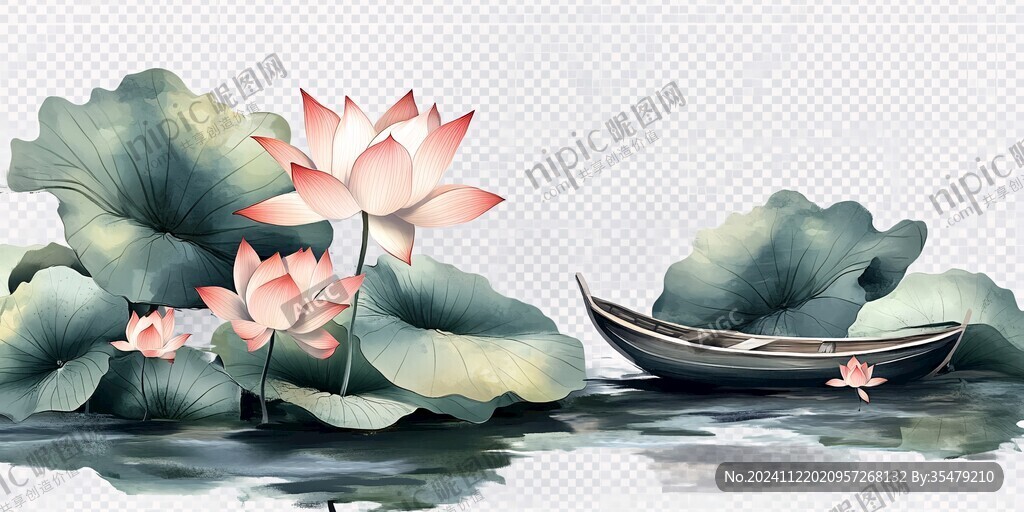 荷花夏日荷葉手繪