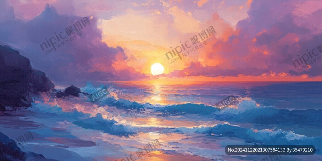 海邊落日插畫